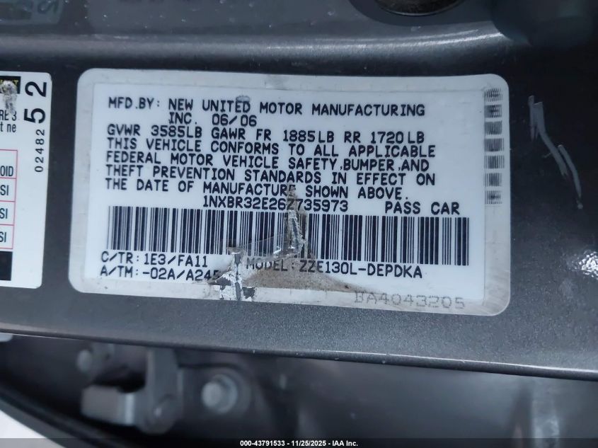 2006 Toyota Corolla Ce VIN: 1NXBR32E26Z735973 Lot: 43791533