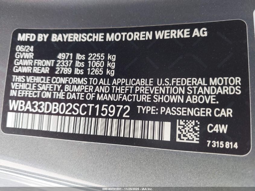 2025 BMW 430I VIN: WBA33DB02SCT15972 Lot: 43791551