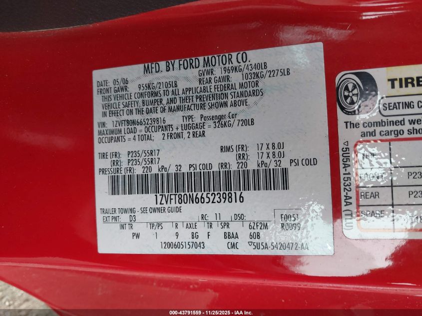 2006 Ford Mustang V6 VIN: 1ZVFT80N665239816 Lot: 43791559