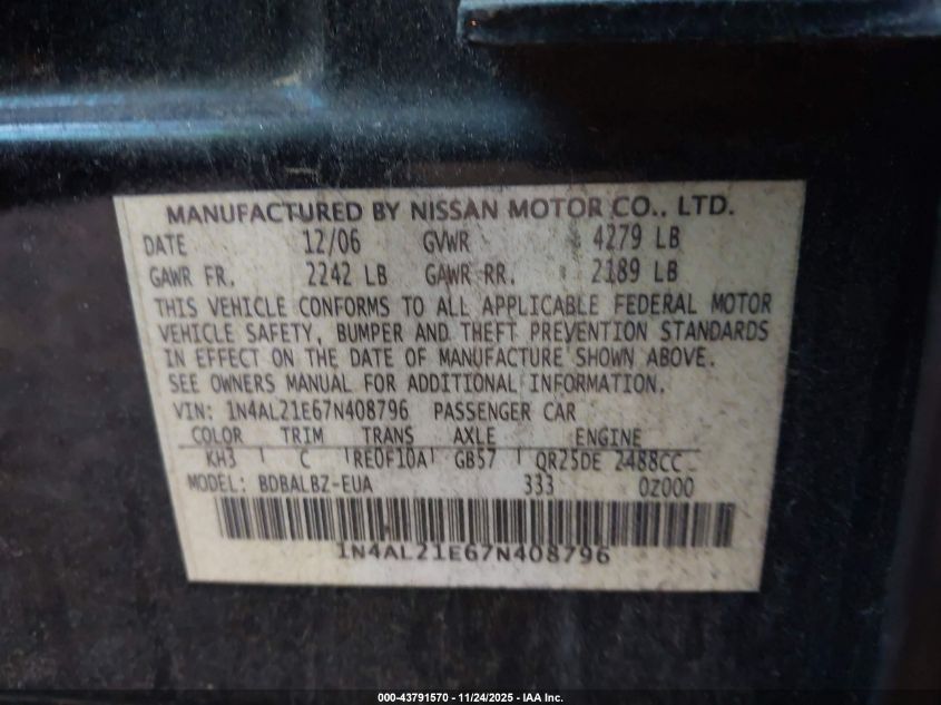 2007 Nissan Altima 2.5 S VIN: 1N4AL21E67N408796 Lot: 43791570