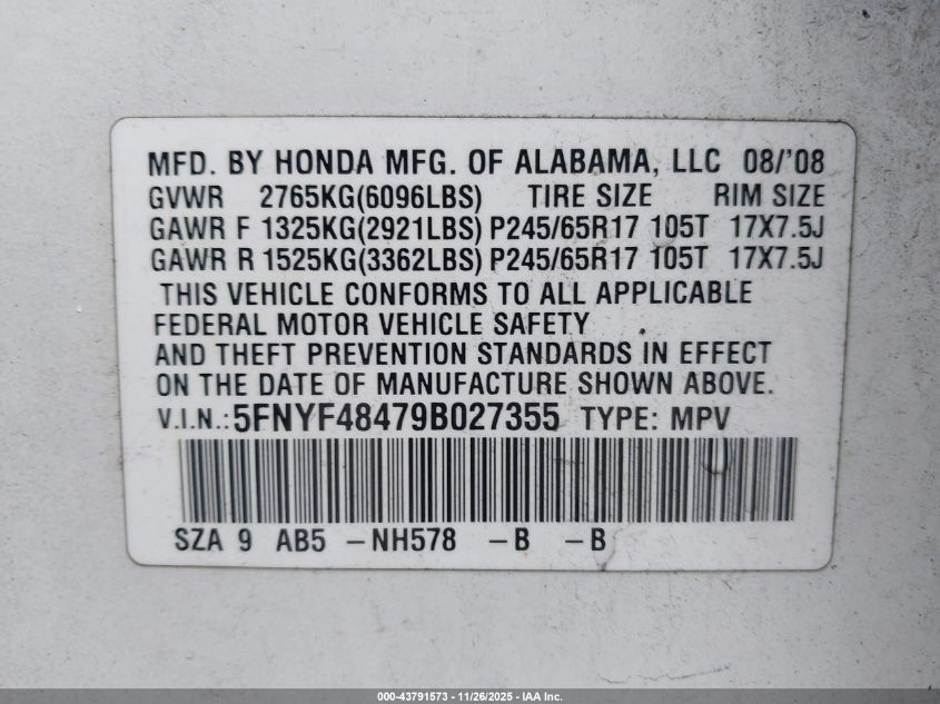 2009 Honda Pilot Ex VIN: 5FNYF48479B027355 Lot: 43791573