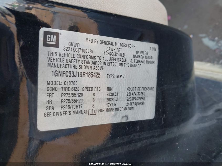 2009 Chevrolet Tahoe Ltz VIN: 1GNFC33J19R185425 Lot: 43791581