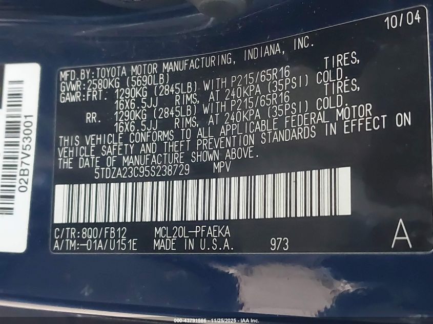 2005 Toyota Sienna Le VIN: 5TDZA23C95S238729 Lot: 43791586