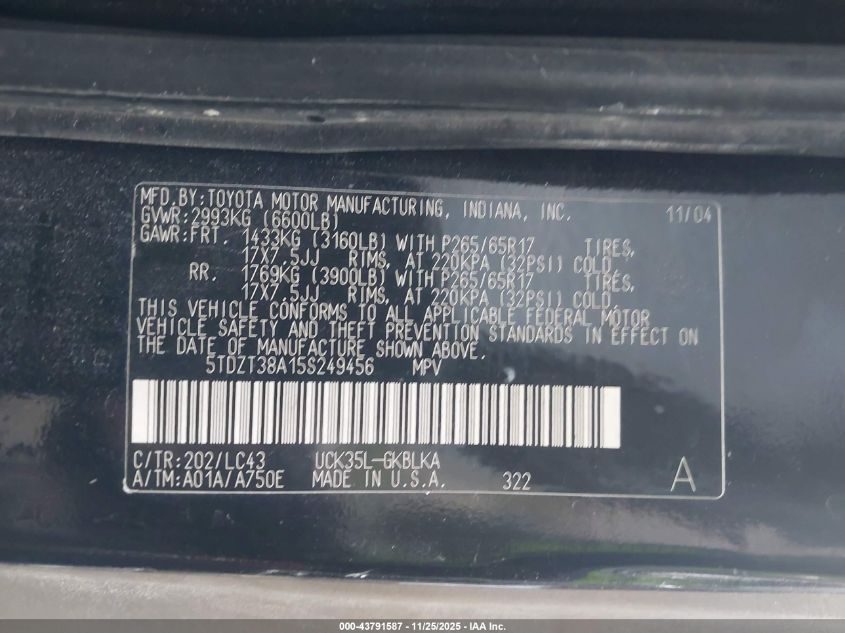 2005 Toyota Sequoia Limited V8 VIN: 5TDZT38A15S249456 Lot: 43791587