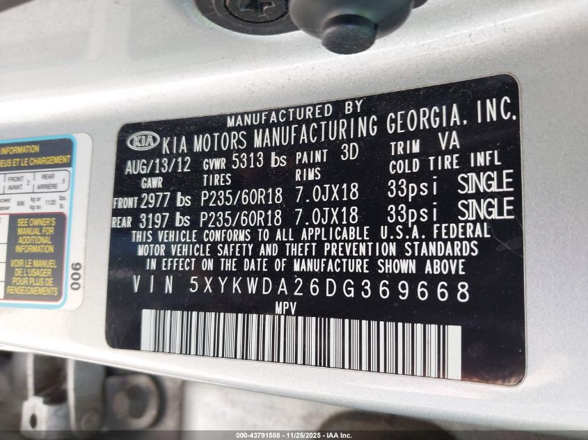 2013 Kia Sorento Sx V6 VIN: 5XYKWDA26DG369668 Lot: 43791588