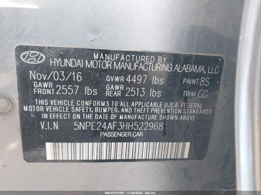 2017 Hyundai Sonata VIN: 5NPE24AF3HH522968 Lot: 43791591