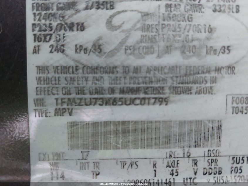 2005 Ford Explorer Xlt/Xlt Sport VIN: 1FMZU73K65UC01799 Lot: 43791593