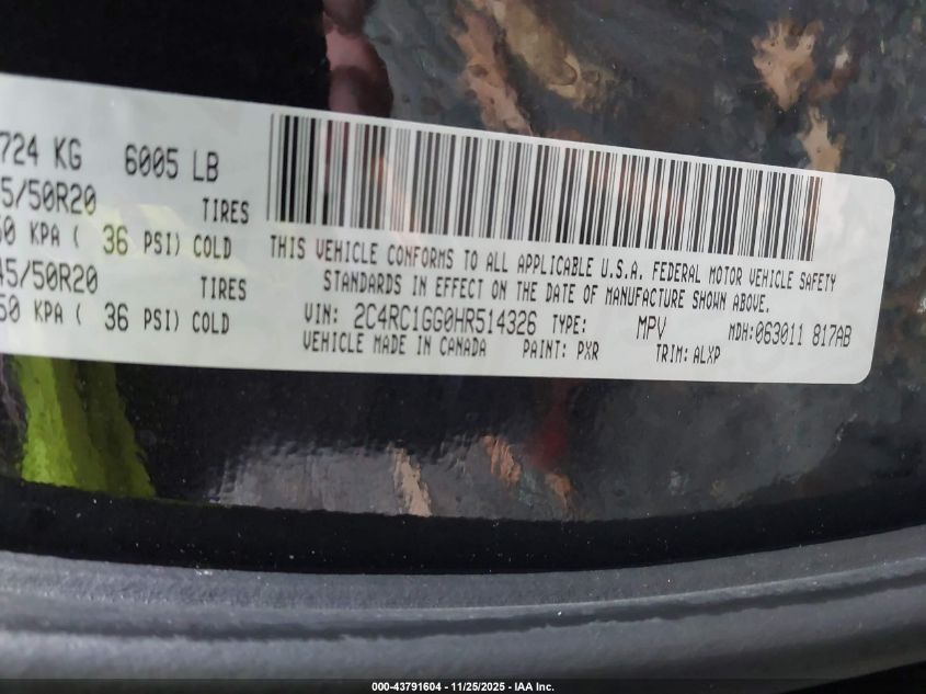 2017 Chrysler Pacifica Limited VIN: 2C4RC1GG0HR514326 Lot: 43791604