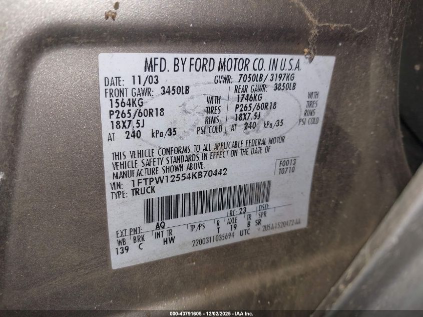 2004 Ford F-150 Lariat/Xlt VIN: 1FTPW12554KB70442 Lot: 43791605