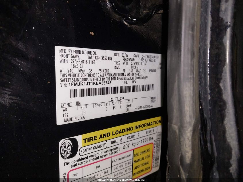 2019 Ford Expedition Max Xlt VIN: 1FMJK1JT1KEA35743 Lot: 43791621