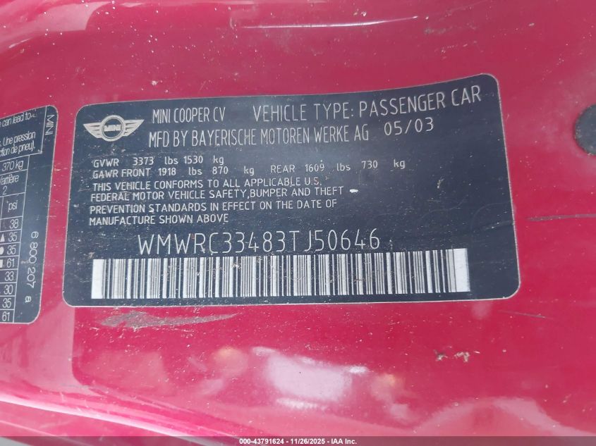 2003 Mini Cooper VIN: WMWRC33483TJ50646 Lot: 43791624