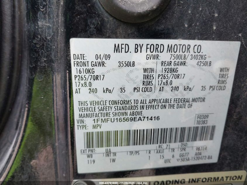 2009 Ford Expedition Xlt VIN: 1FMFU16569EA71416 Lot: 43791669