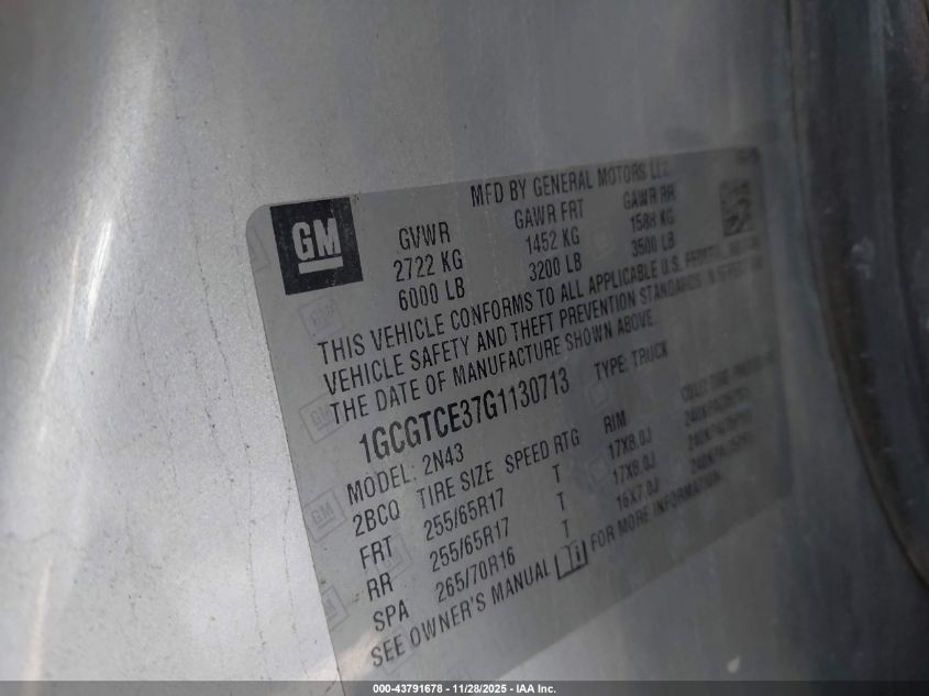 2016 Chevrolet Colorado Lt VIN: 1GCGTCE37G1130713 Lot: 43791678