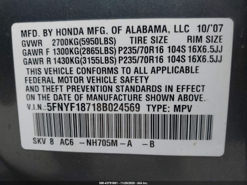 2008 Honda Pilot Ex-L VIN: 5FNYF18718B024569 Lot: 43791681