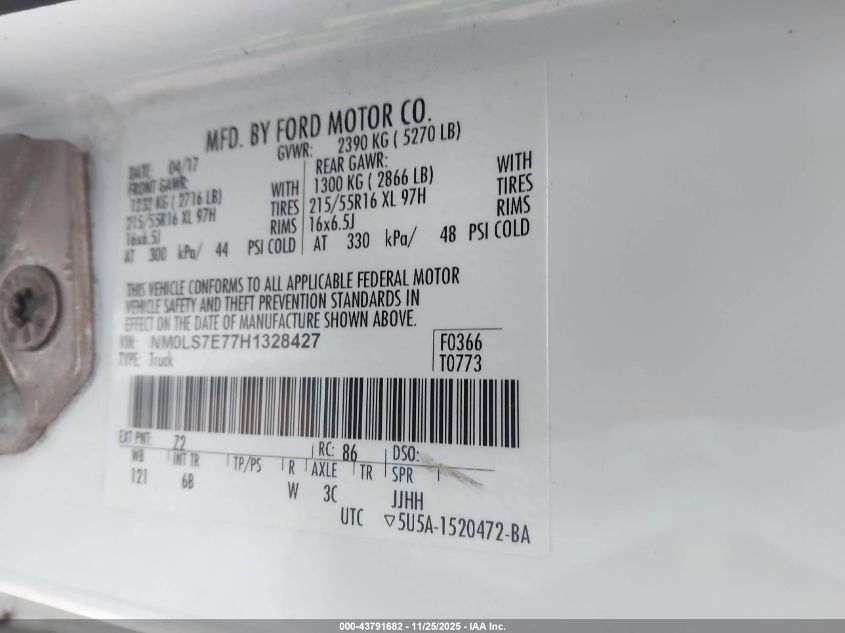 2017 Ford Transit Connect Xl VIN: NM0LS7E77H1328427 Lot: 43791682