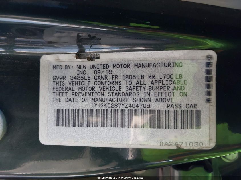 2000 Chevrolet Prizm Lsi VIN: 1Y1SK5287YZ404709 Lot: 43791684