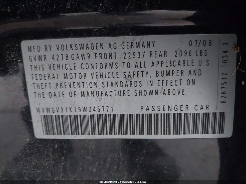 2009 Volkswagen Gti 4-Door VIN: WVWGV91K19W045771 Lot: 43791691