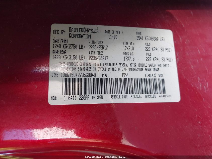 2007 Dodge Nitro Slt/Rt VIN: 1D8GT58K27W568848 Lot: 43791701