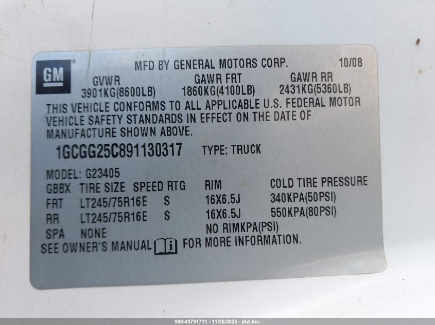 2009 Chevrolet Express 2500 Work Van VIN: 1GCGG25C891130317 Lot: 43791711