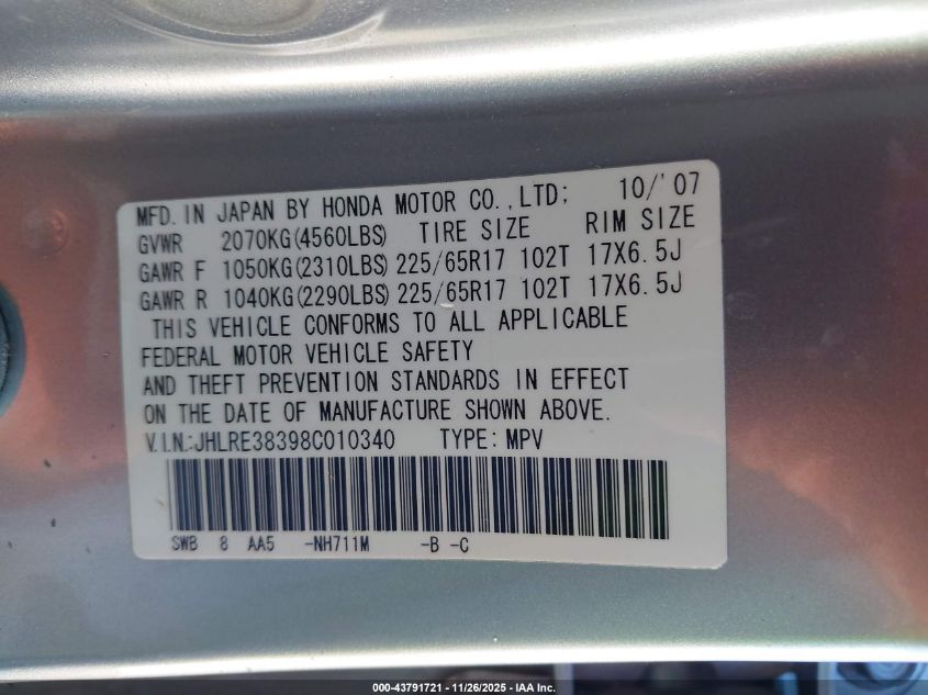 2008 Honda Cr-V Lx VIN: JHLRE38398C010340 Lot: 43791721