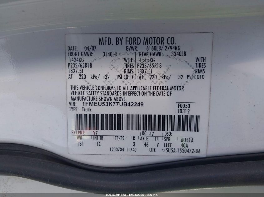 2007 Ford Explorer Sport Trac Limited VIN: 1FMEU53K77UB42249 Lot: 43791723