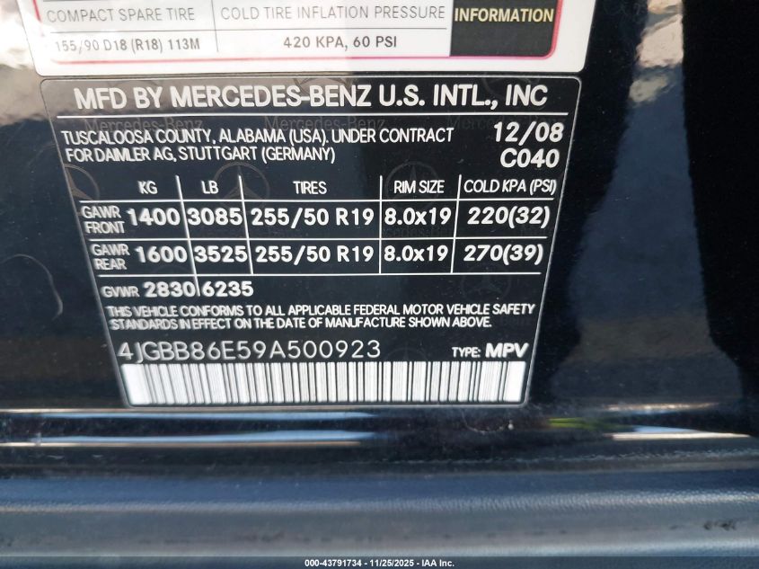 2009 Mercedes-Benz Ml 350 4Matic VIN: 4JGBB86E59A500923 Lot: 43791734