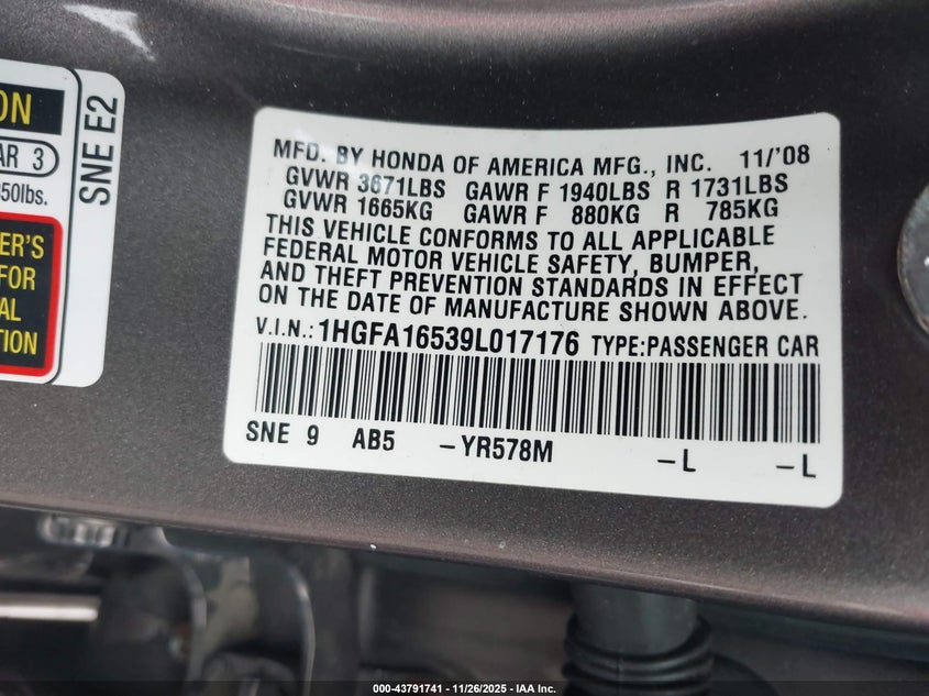 2009 Honda Civic Lx VIN: 1HGFA16539L017176 Lot: 43791741