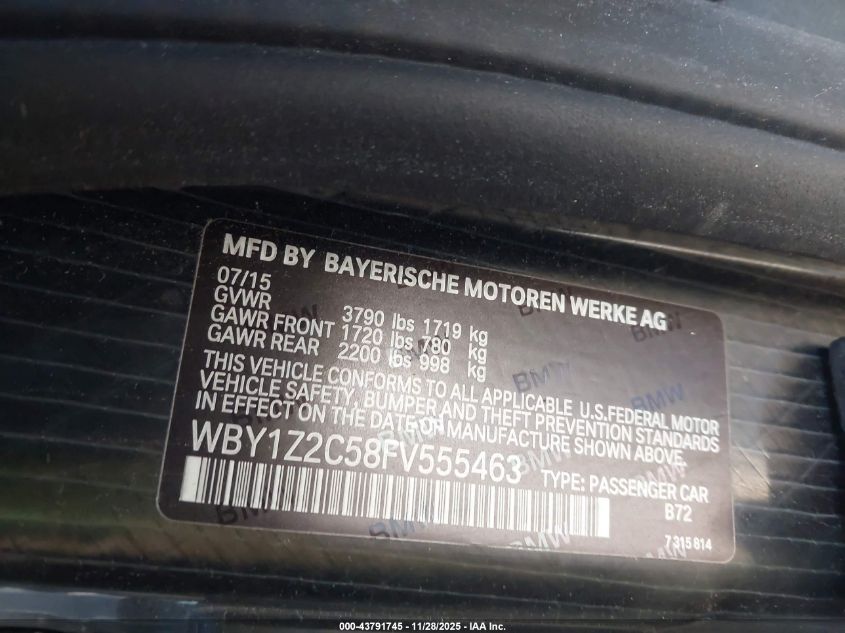 2015 BMW I3 VIN: WBY1Z2C58FV555463 Lot: 43791745