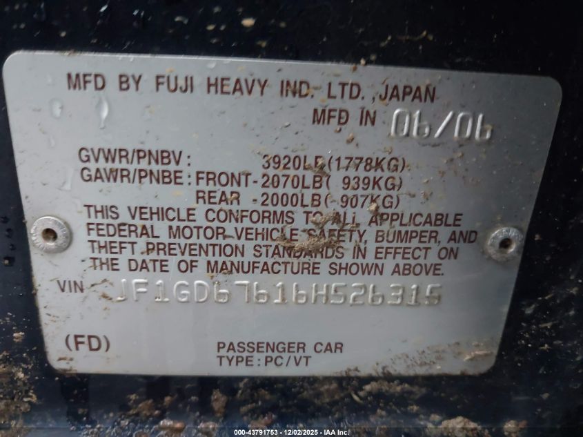 2006 Subaru Impreza 2.5I VIN: JF1GD67616H526315 Lot: 43791753