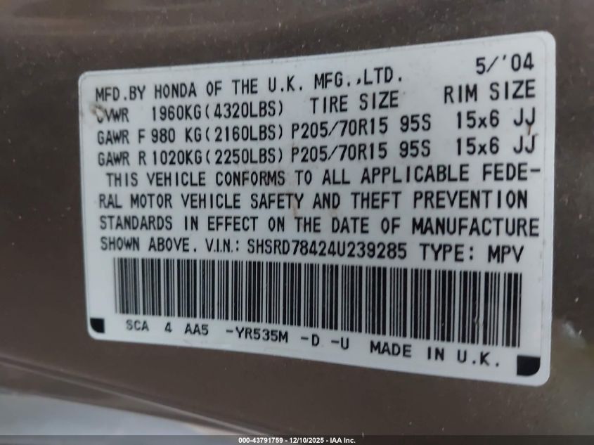 2004 Honda Cr-V Lx VIN: SHSRD78424U239285 Lot: 43791759
