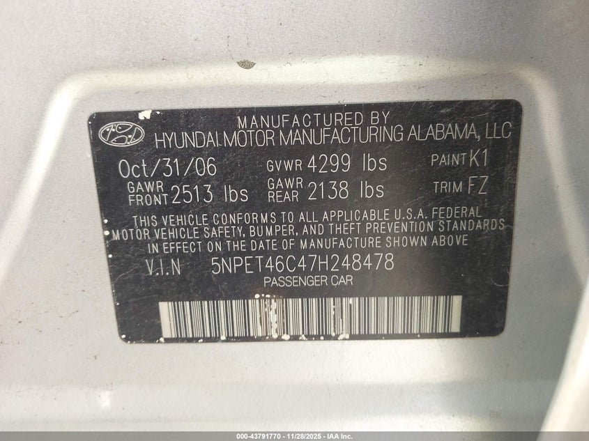 2007 Hyundai Sonata Gls VIN: 5NPET46C47H248478 Lot: 43791770