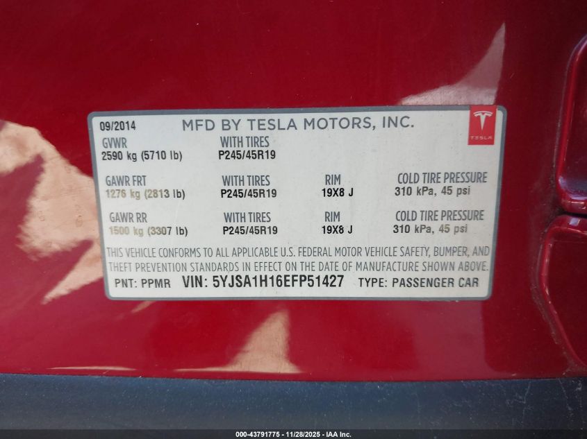 2014 Tesla Model S P85 VIN: 5YJSA1H16EFP51427 Lot: 43791775