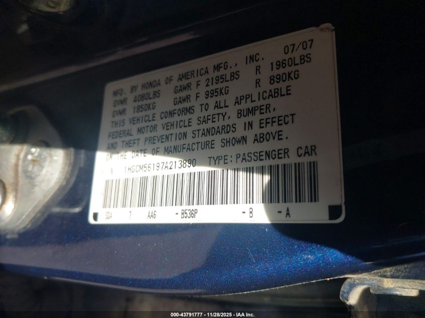 2007 Honda Accord 2.4 Vp VIN: 1HGCM56197A213890 Lot: 43791777