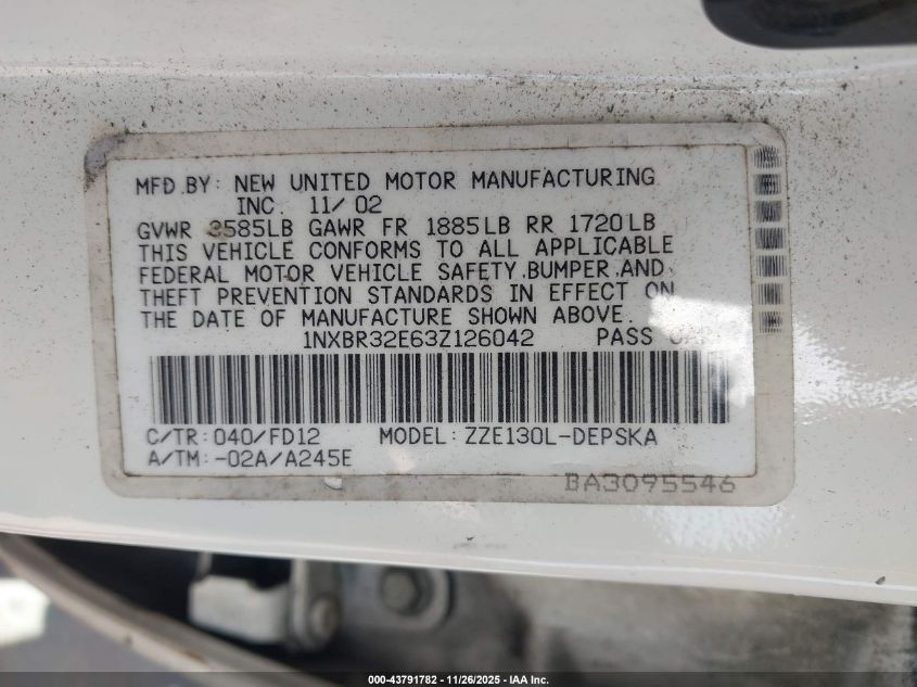 2003 Toyota Corolla S VIN: 1NXBR32E63Z126042 Lot: 43791782