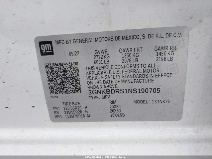 2022 Chevrolet Blazer Fwd 3Lt VIN: 3GNKBDRS1NS190705 Lot: 43791784