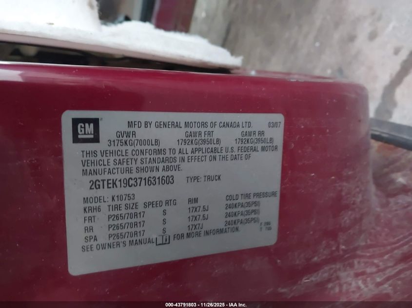 2007 GMC Sierra 1500 Sle1 VIN: 2GTEK19C371631603 Lot: 43791803
