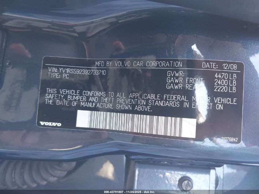 2009 Volvo S60 2.5T/2.5T Special Edition VIN: YV1RS592392733710 Lot: 43791807