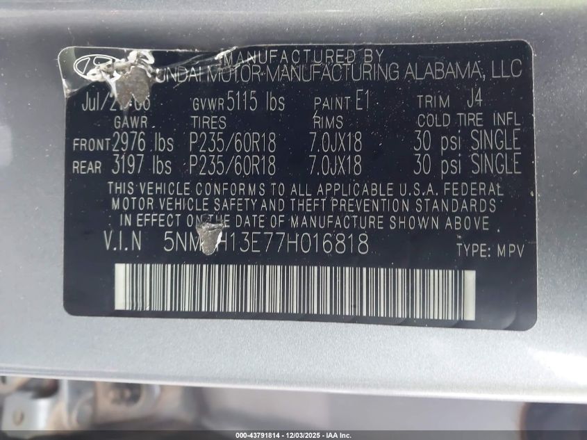 2007 Hyundai Santa Fe Limited/Se VIN: 5NMSH13E77H016818 Lot: 43791814