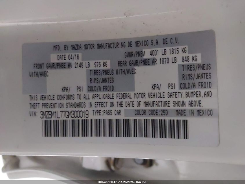 2016 Mazda Mazda3 I Touring VIN: 3MZBM1L77GM300019 Lot: 43791817