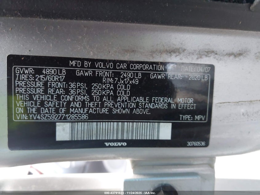 2007 Volvo Xc70 2.5T VIN: YV4SZ592771285586 Lot: 43791823