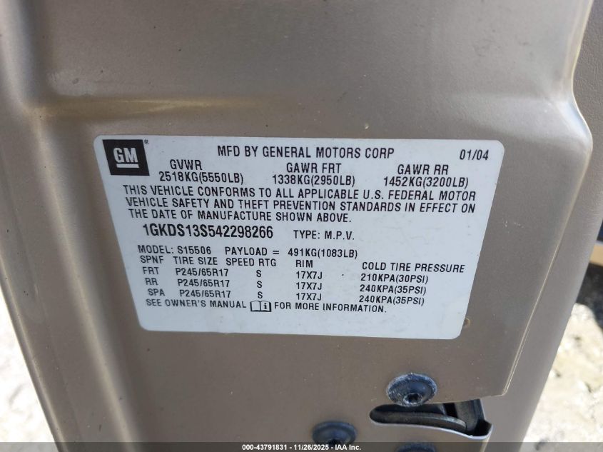 2004 GMC Envoy Sle VIN: 1GKDS13S542298266 Lot: 43791831