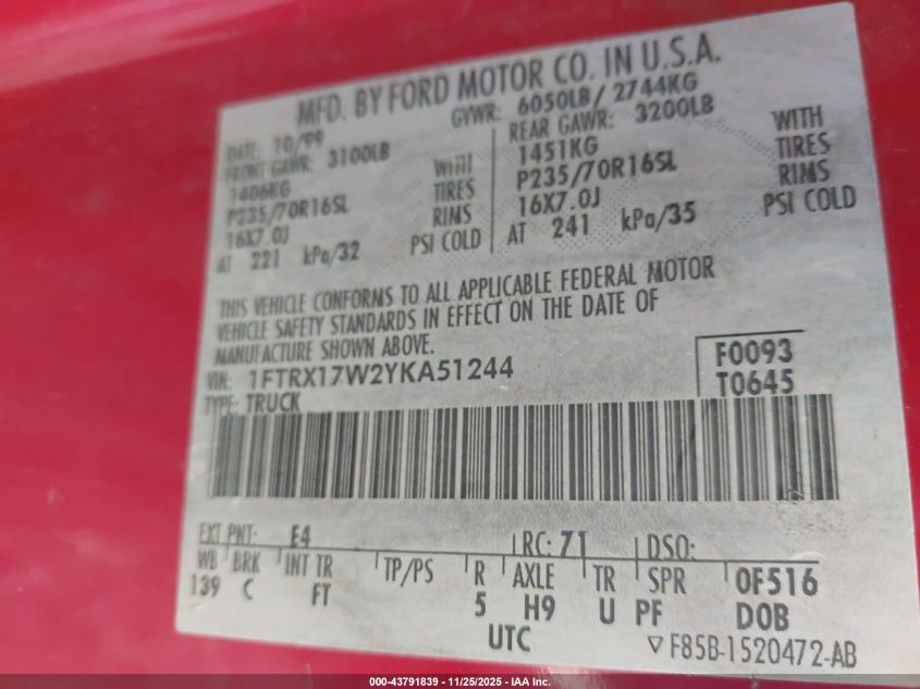 2000 Ford F-150 Lariat/Work Series/Xl/Xlt VIN: 1FTRX17W2YKA51244 Lot: 43791839