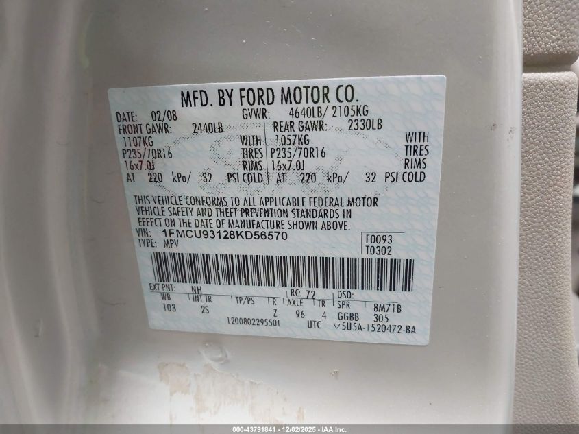 2008 Ford Escape Xlt VIN: 1FMCU93128KD56570 Lot: 43791841