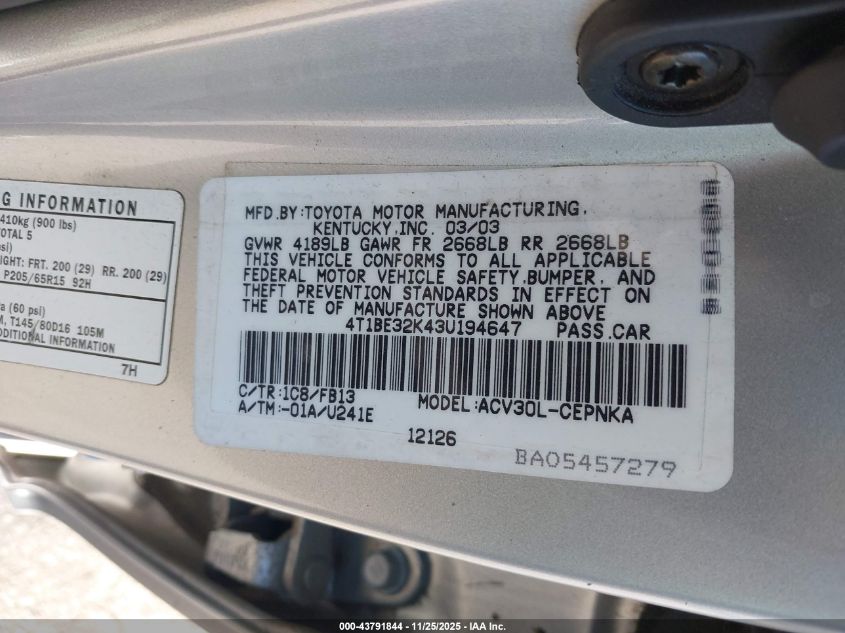 2003 Toyota Camry Le VIN: 4T1BE32K43U194647 Lot: 43791844