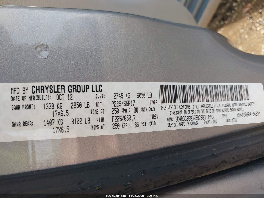 2013 Dodge Grand Caravan Se VIN: 2C4RDGBG8DR597683 Lot: 43791848