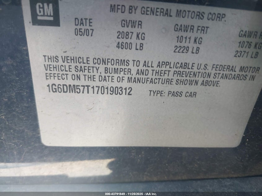2007 Cadillac Cts Standard VIN: 1G6DM57T170190312 Lot: 43791849