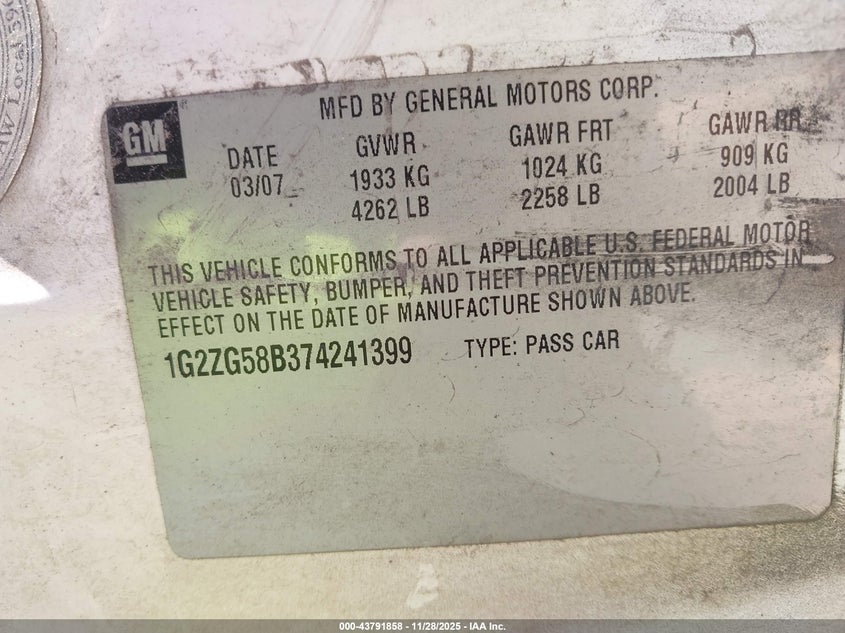 2007 Pontiac G6 VIN: 1G2ZG58B374241399 Lot: 43791858