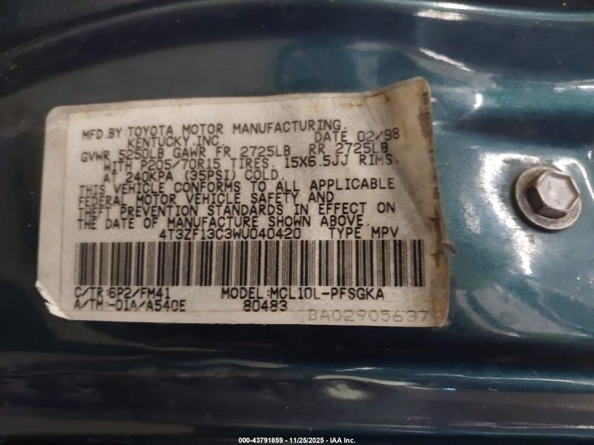 1998 Toyota Sienna Xle VIN: 4T3ZF13C3WU040420 Lot: 43791859