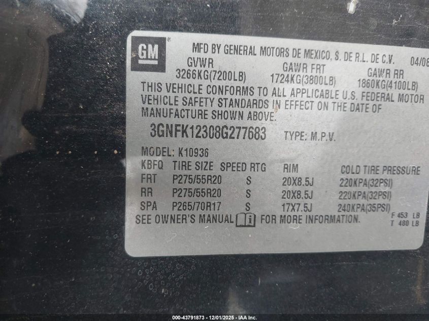 2008 Chevrolet Avalanche 1500 Ltz VIN: 3GNFK12308G277683 Lot: 43791873