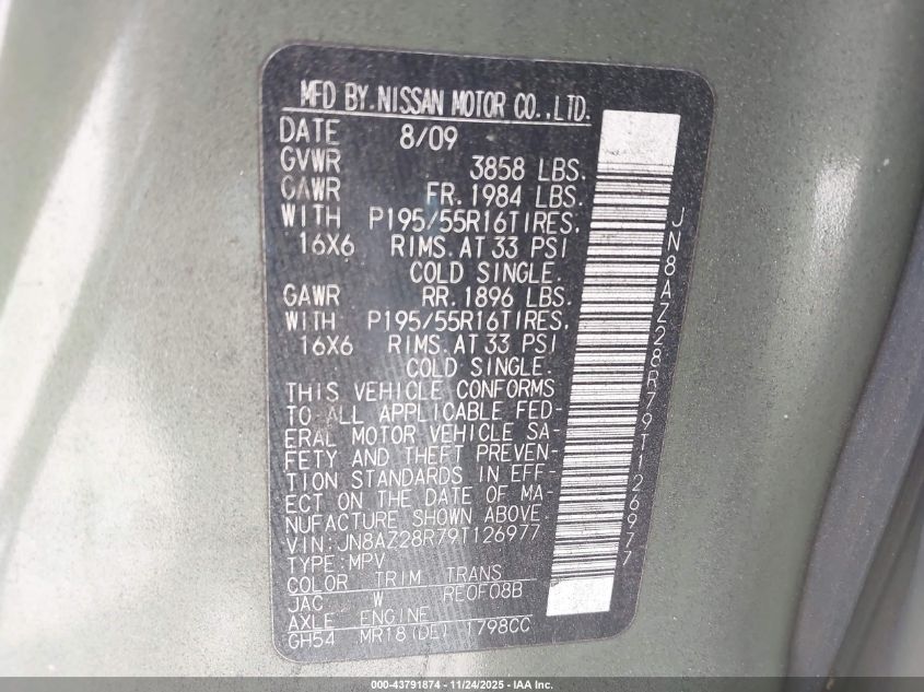 2009 Nissan Cube 1.8Sl VIN: JN8AZ28R79T126977 Lot: 43791874
